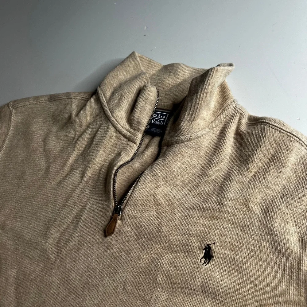 Polo Ralph Lauren Mens XL Tan Cotton Quarter Zip‎ Pullover Sweater Heathered